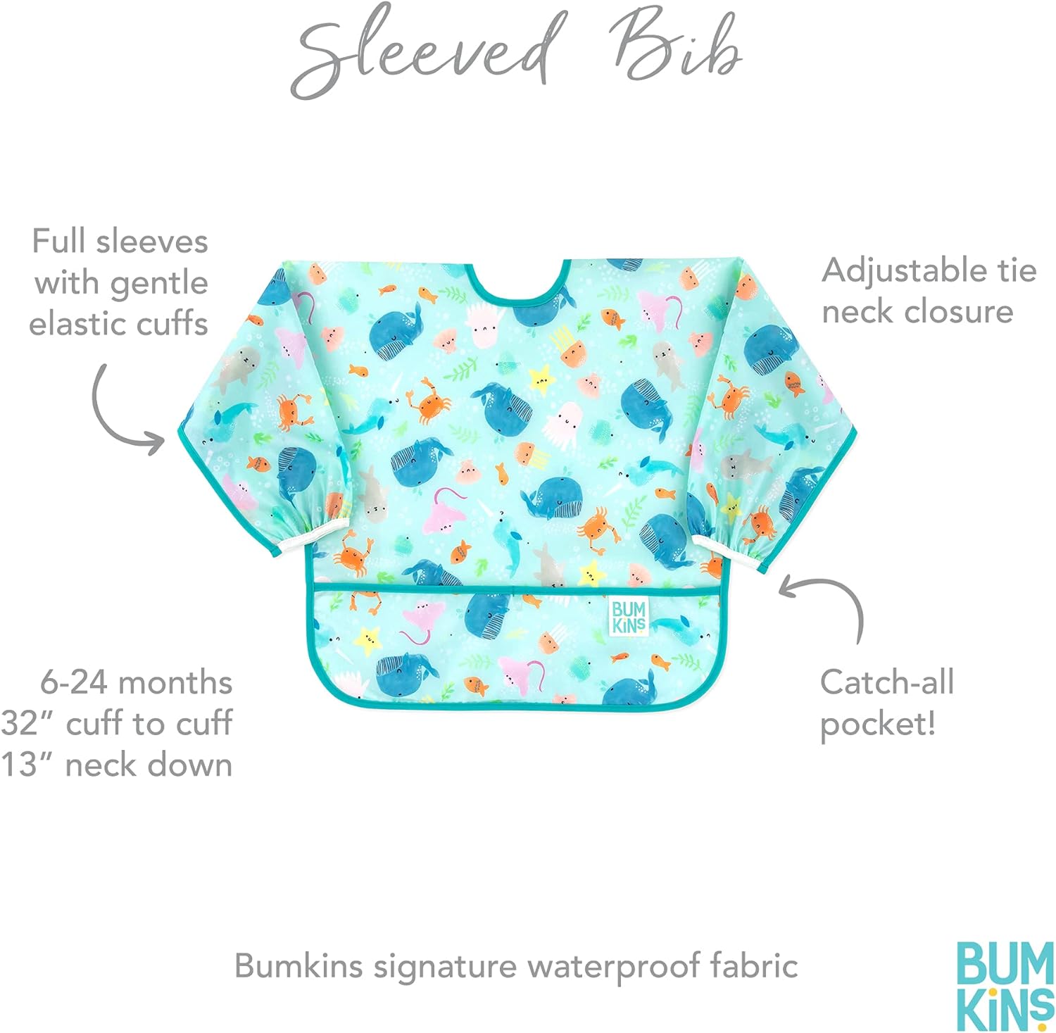 Bumkins Sleeved Bib Baby Bib, Toddler Bib, Smock, Waterproof Fabric, Fits Ages 6-24 Months - Image 5